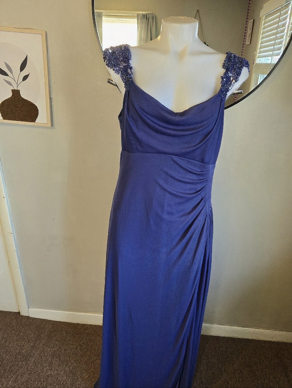 Alex Evenings Royal Blue Cowl Neck Maxi Gown with Beaded Cap Sleeves
